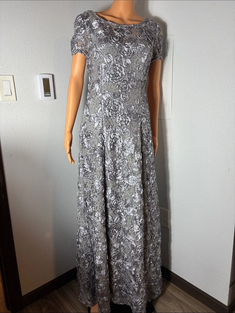 Alex Evenings Silver Floral Sequin Maxi Dress - Picture 2 of 5